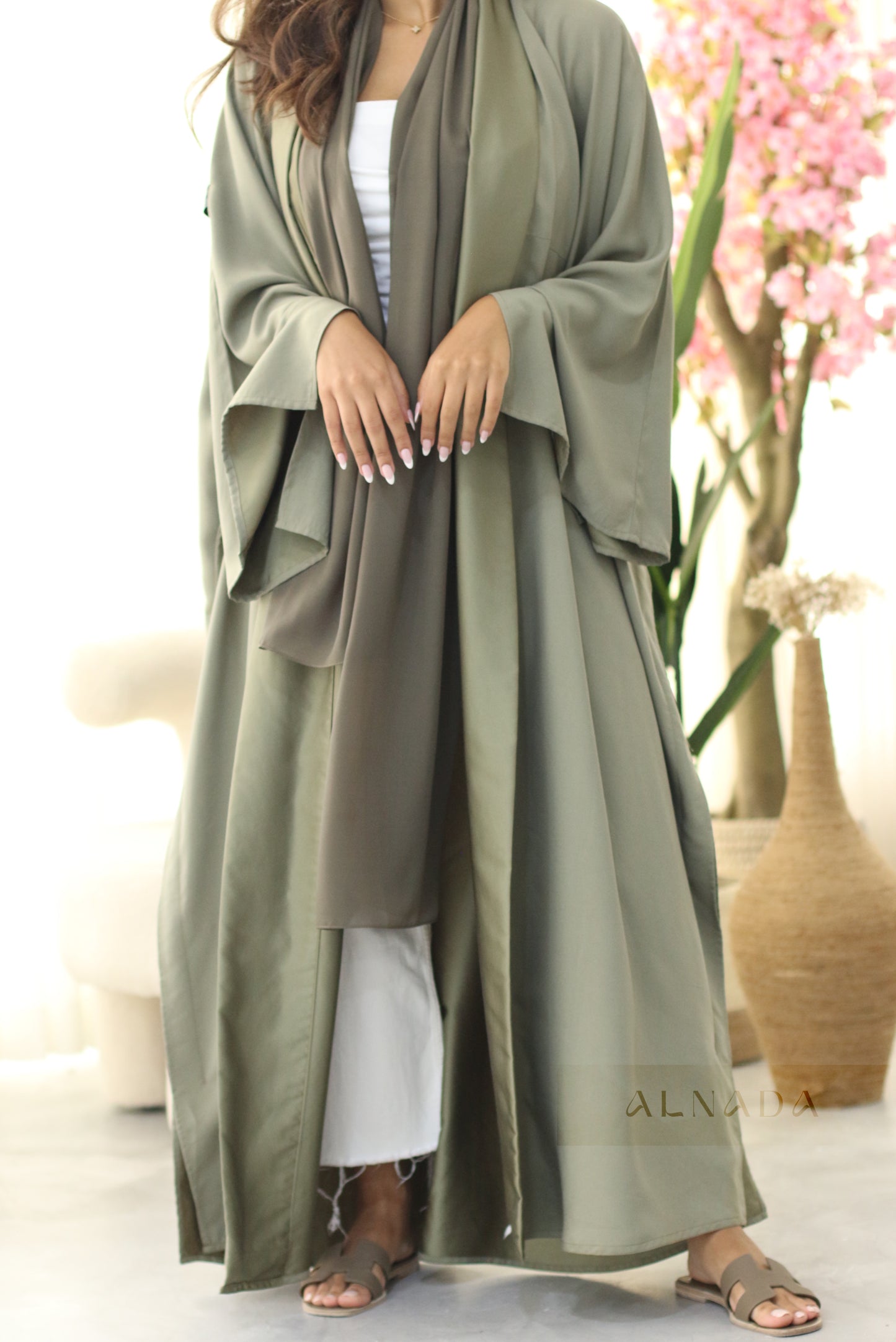Creamy Green Abaya with two sides glossy & matte