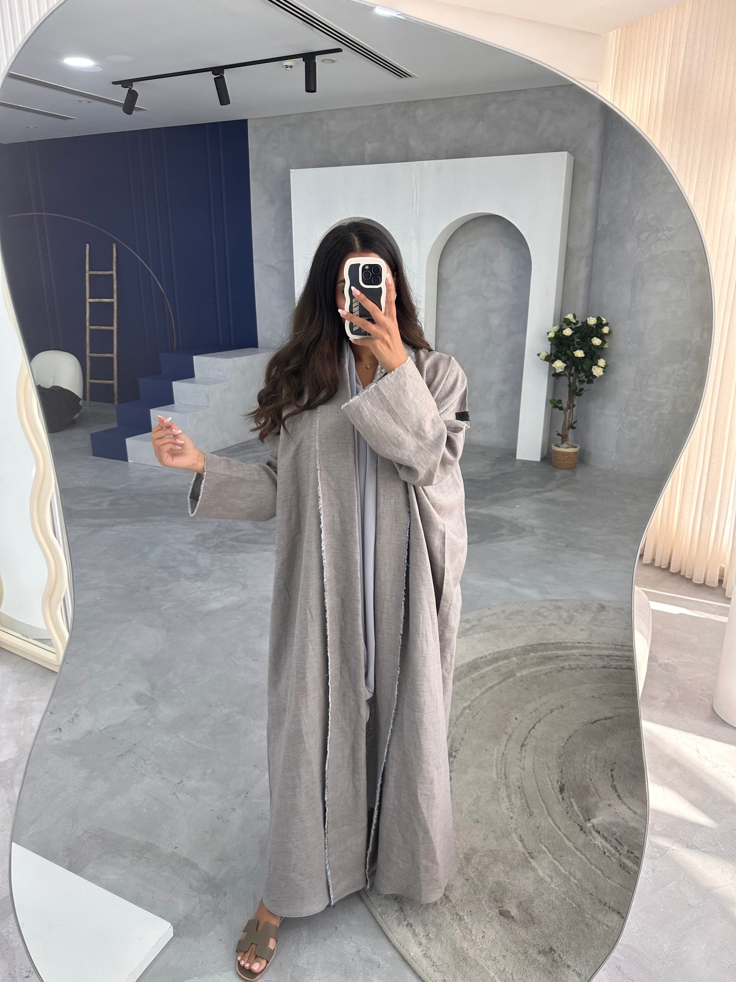 Greyish Blue Bisht style Abaya with Blue Fabric Details