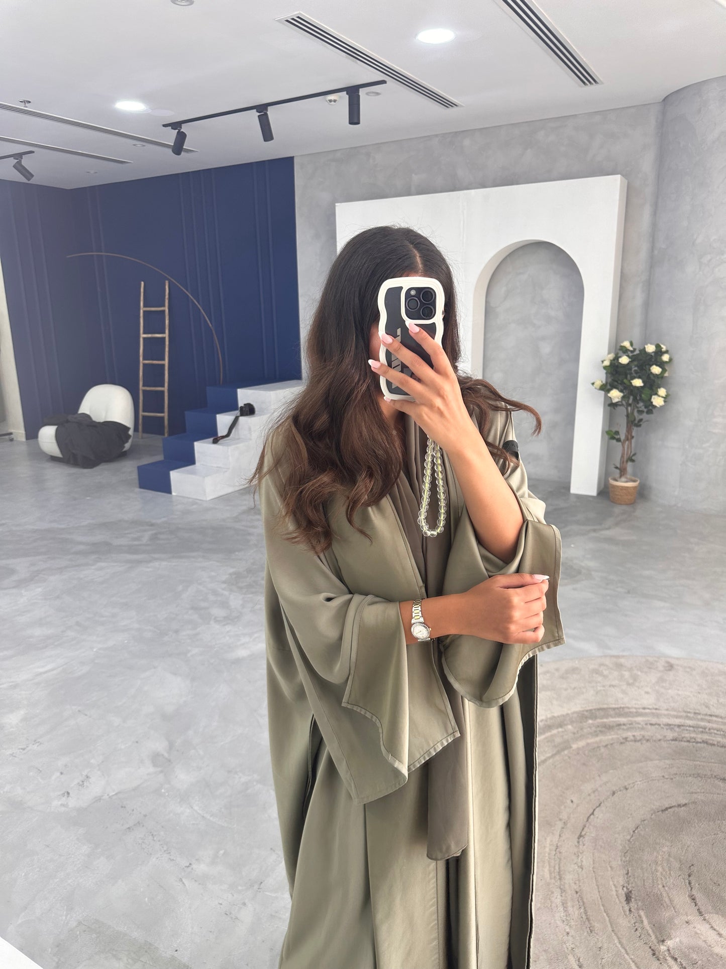 Creamy Green Abaya with two sides glossy & matte