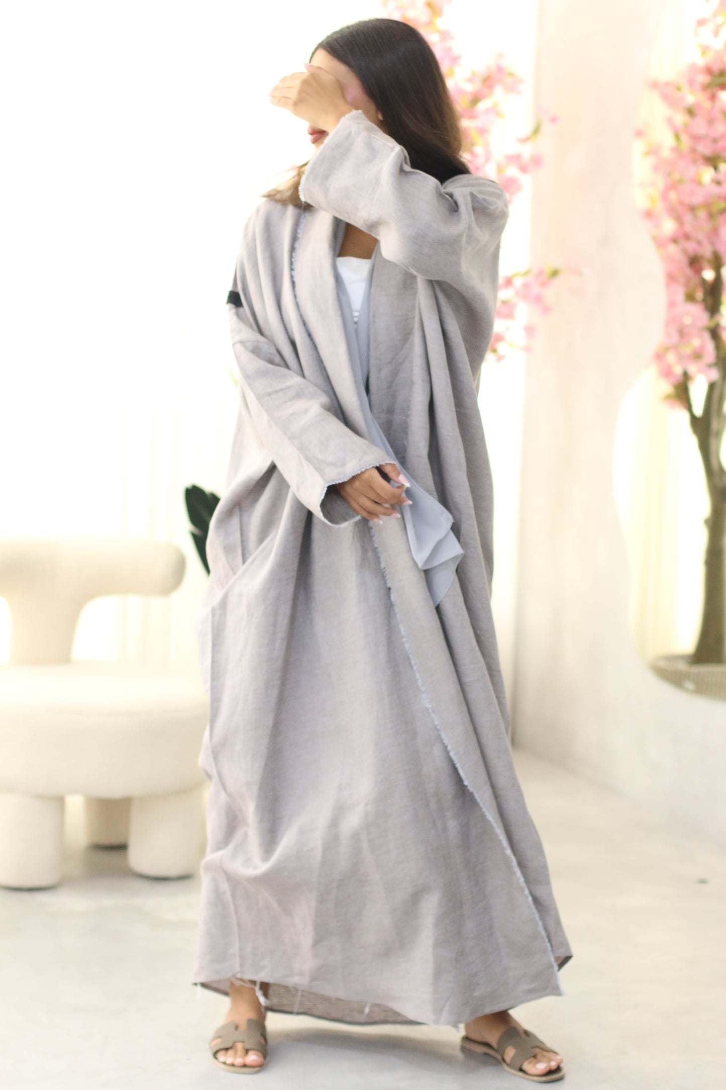 Greyish Blue Bisht style Abaya with Blue Fabric Details